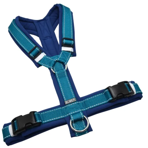 BUMER Hundegeschirr, gepolstert ohne geteilten Bruststeg, Größe M, Gurtband Petrol REFLEX, Softshell Twilight Blue, Ringe silberfarbig (Edelstahl), Schnallen schwarz (DURAFLEX®)