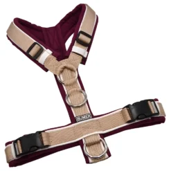 BUMER Hundegeschirr, gepolstert ohne geteilten Bruststeg, Größe S, Gurtband PREMIUM Soft Beige, Softshell Rubintango, Ringe silberfarbig (Edelstahl), Schnallen schwarz (STANDARD), Zusatzring Rückensteg