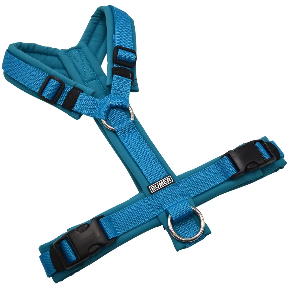 BUMER Hundegeschirr, gepolstert ohne geteilten Bruststeg, Größe S, Gurtband Petrol, Softshell Curacao Splash, Ringe silberfarbig (Edelstahl), Schnallen DURAFLEX®