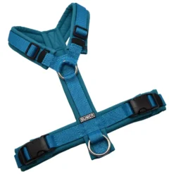 BUMER Hundegeschirr, gepolstert ohne geteilten Bruststeg, Größe S, Gurtband Petrol, Softshell Curacao Splash, Ringe silberfarbig (Edelstahl), Schnallen DURAFLEX®