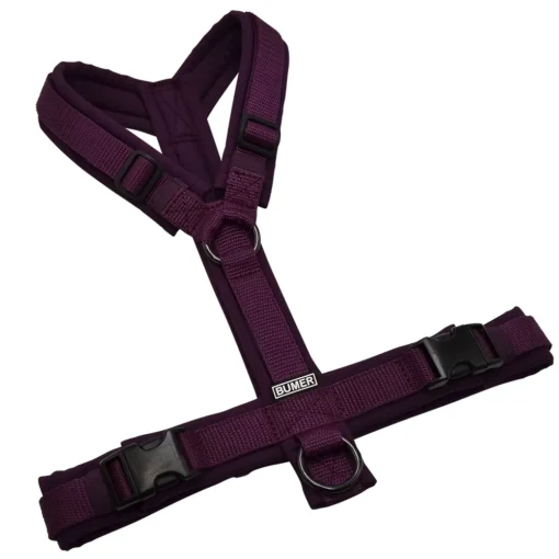 BUMER Hundegeschirr, gepolstert ohne geteilten Bruststeg, Größe S/M, Gurtband Aubergine, Softshell Nachtschattenviolett, Ringe schwarz (Edelstahl), Schnallen DURAFLEX®