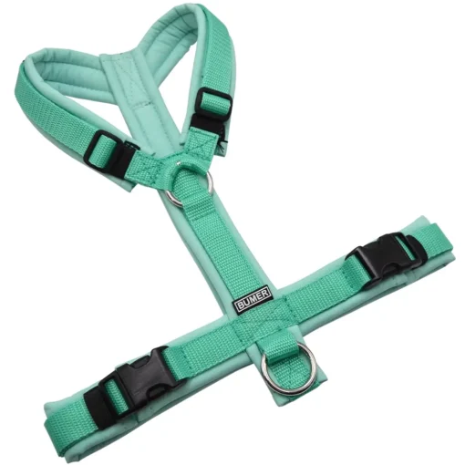 BUMER Hundegeschirr, gepolstert ohne geteilten Bruststeg, Größe S/M, Gurtband Mint, Softshell Jadenluft, Ringe silberfarbig (Edelstahl), Schnallen DURAFLEX®