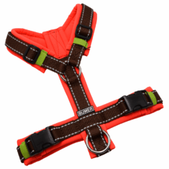 BUMER Hundegeschirr, gepolstert ohne geteilten Bruststeg, Größe XS, Gurtband Braun REFLEX, Softshell Neonrot, Ringe silberfarbig (Edelstahl), Schnallen schwarz (DURAFLEX®)
