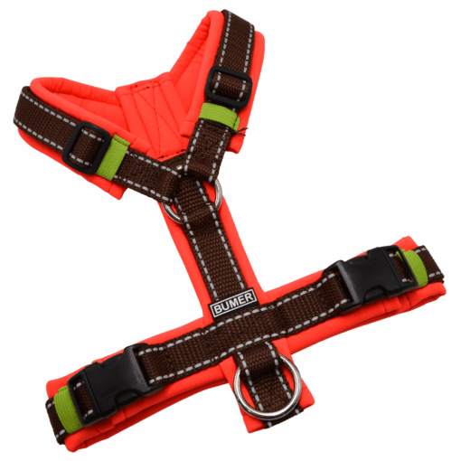 BUMER Hundegeschirr, gepolstert ohne geteilten Bruststeg, Größe XS, Gurtband Braun REFLEX, Softshell Neonrot, Ringe silberfarbig (Edelstahl), Schnallen schwarz (DURAFLEX®)