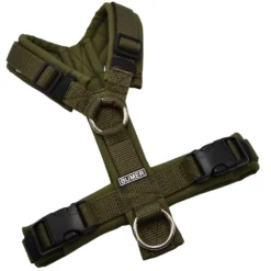 BUMER Hundegeschirr, gepolstert ohne geteilten Bruststeg, Größe XS, Gurtband Dunkel Olive, Softshell Olive, Ringe silberfarbig (Edelstahl), Schnallen DURAFLEX®