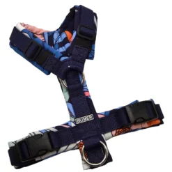 BUMER Hundegeschirr, gepolstert ohne geteilten Bruststeg, Größe XS, Gurtband Dunkelnavy, Softshell Midnight Blossom, Ringe silberfarbig (Edelstahl), Schnallen DURAFLEX®