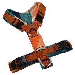 BUMER Hundegeschirr, gepolstert ohne geteilten Bruststeg, Größe XS, Gurtband PREMIUM Copper Glow, Softshell Retro 70er #1, Ringe silberfarbig (Edelstahl), Schnallen DURAFLEX®, Applikation