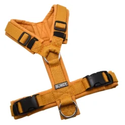 BUMER Hundegeschirr, gepolstert ohne geteilten Bruststeg, Größe XS, Gurtband PREMIUM X Dunkelbeige, Softshell Senfgelb Meliert, Ringe silberfarbig (Edelstahl), Schnallen schwarz (Standard)