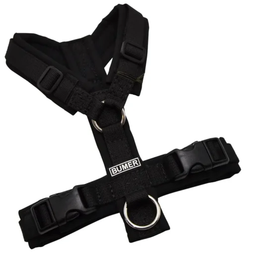 BUMER Hundegeschirr, gepolstert ohne geteilten Bruststeg, Größe XXS, Gurtband PREMIUM Pitch Black, Softshell schwarz, Ringe silberfarbig (Edelstahl), Schnallen schwarz (Standard)