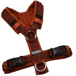 BUMER Hundegeschirr, gepolstert ohne geteilten Bruststeg, Größe XXS, Gurtband Rotbraun, Softshell Schokagoni, Ringe silberfarbig (Edelstahl), Schnallen schwarz (Standard)