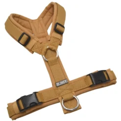 BUMER Hundegeschirr, gepolstert ohne geteilten Bruststeg, Zwischengröße XS/S, Gurtband PREMIUM X Dunkelbeige, Softshell Senfgelb meliert, Ringe silberfarbig (Edelstahl)