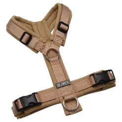 BUMER Hundegeschirr, gepolstert ohne geteilten Bruststeg, Zwischengröße XXS/XS, Gurtband PREMIUM Soft Beige, Softshell Sandgrege, Ringe silberfarbig (Edelstahl), Schnallen schwarz (DURAFLEX®)