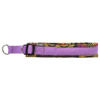 BUMER Zug-Stopp Halsband, Hundehalsband für Hunde, gepolstert, Halsumfang: 47-53cm, Gurtband: Violett, Softshell: Bunte Mandala, Ringe: silberfarbig (Edelstahl)