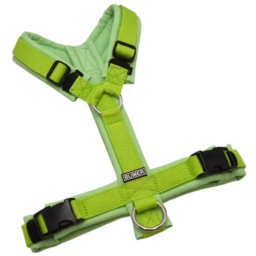 BUMER1000 Hundegeschirr, gepolstert ohne geteilten Bruststeg, Größe S, Gurtband Hell Lime, Softshell Grüntöne (GR-5005), Ringe silberfarbig (Edelstahl), Schnallen DURAFLEX®