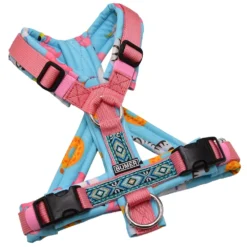 BUMER BOHO Hundegeschirr, gepolstert mit geteiltem Bruststeg, Größe XS, Gurtband PREMIUM Perlmutt Rosa, Softshell POOL PARTY, Ringe silberfarbig (Edelstahl)