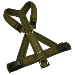 BUMER Hundegeschirr, gepolstert mit geteiltem Bruststeg, Größe L, Gurtband STANDARD PLUS Khaki, Softshell Olive, Ringe silberfarbig (Edelstahl), Schnallen schwarz (DURAFLEX®)
