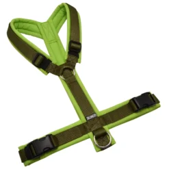 BUMER Hundegeschirr, gepolstert ohne geteilten Bruststeg, Größe L, Gurtband STANDARD PLUS Khaki, Softshell Lime, Ringe silberfarbig (Edelstahl), Schnallen schwarz (DURAFLEX®)