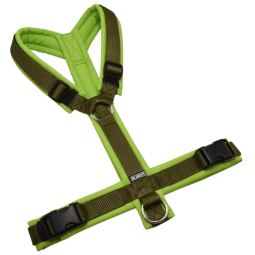 BUMER Hundegeschirr, gepolstert ohne geteilten Bruststeg, Größe L, Gurtband STANDARD PLUS Khaki, Softshell Lime, Ringe silberfarbig (Edelstahl), Schnallen schwarz (DURAFLEX®)
