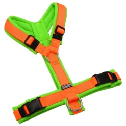 BUMER Hundegeschirr, gepolstert ohne geteilten Bruststeg, Größe S, Gurtband PREMIUM Electric Pumpkin, Softshell Neongrün, Ringe silberfarbig (Edelstahl), Schnallen DURAFLEX®