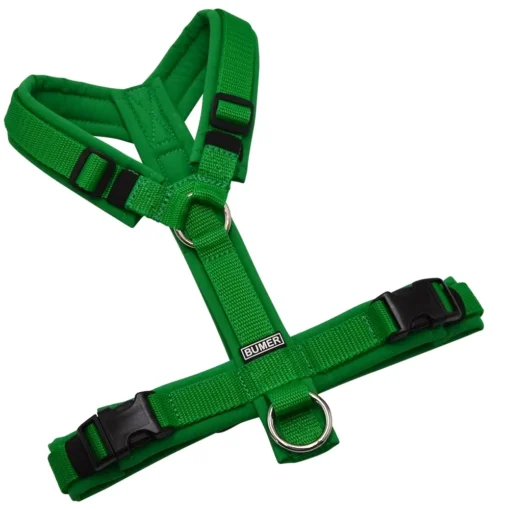 BUMER Hundegeschirr, gepolstert ohne geteilten Bruststeg, Größe S, Gurtband STANDARD PLUS Grasgrün, Softshell Farngrün, Ringe silberfarbig (Edelstahl), Schnallen schwarz (DURAFLEX®)