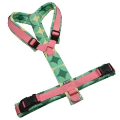BUMER Hundegeschirr, gepolstert ohne geteilten Bruststeg, Größe XL, Gurtband PREMIUM Perlmutt Rosa, Softshell RETRO 50 #2, Ringe silberfarbig (Edelstahl), Schnallen schwarz (DURAFLEX®), Applikation