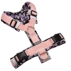 BUMER Hundegeschirr, gepolstert ohne geteilten Bruststeg, Größe XS, Gurtband PREMIUM Blush Petal, Softshell Japanische Blumen, Ringe silberfarbig (Edelstahl), Schnallen schwarz (DURAFLEX®), Paspel weiss (komplett)