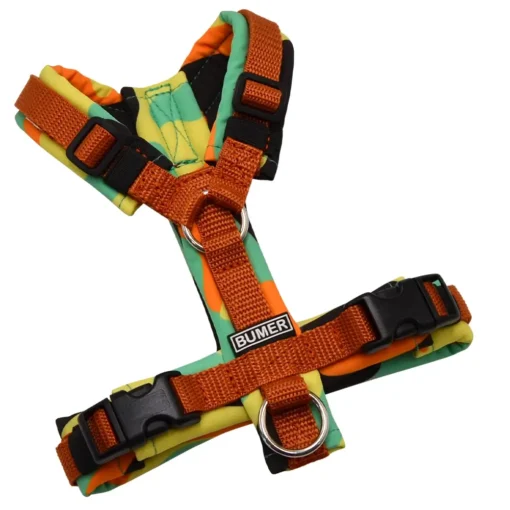 BUMER Hundegeschirr, gepolstert ohne geteilten Bruststeg, Größe XXS, Gurtband Hellbraun, Softshell CAMOUFLAGE Mint Mirage, Ringe silberfarbig (Edelstahl), Schnallen schwarz (DURAFLEX®)
