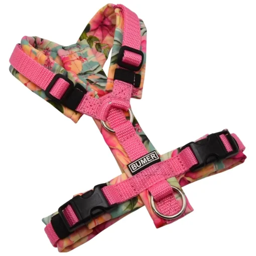 BUMER Hundegeschirr, ungepolstert ohne geteilten Bruststeg, Größe XXS, Gurtband Dunkelpink, Softshell AQUARELLBLUMEN Hibiskusblüten, Ringe silberfarbig (Edelstahl), Schnallen schwarz (DURAFLEX®)