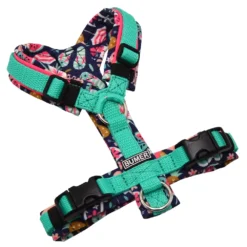 BUMER Hundegeschirr, ungepolstert ohne geteilten Bruststeg, Größe XXS, Gurtband PREMIUM X Minze, Softshell MARITIM #2, Ringe silberfarbig (Edelstahl), Schnallen schwarz (DURAFLEX®), Paspel Neonpink