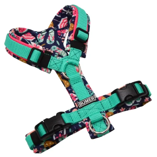 BUMER Hundegeschirr, ungepolstert ohne geteilten Bruststeg, Größe XXS, Gurtband PREMIUM X Minze, Softshell MARITIM #2, Ringe silberfarbig (Edelstahl), Schnallen schwarz (DURAFLEX®), Paspel Neonpink