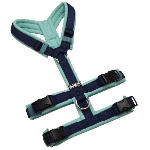 BUMER Sicherheitsgeschirr Hundegeschirr, gepolstert ohne geteilten Bruststeg, Größe XS, Gurtband PREMIUM Midnight Indigo, Softshell Jadenluft, Ringe silberfarbig (Edelstahl), Schnallen schwarz (DURAFLEX®)