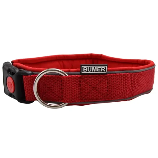 BUMER Steckhalsband mit Sicherung, Hundehalsband für Hunde, gepolstert, Halsumfang 45 cm, Gurtband Rot, Softshell Rot, Ring schwarz (Edelstahl), Paspel grau (reflektierend)