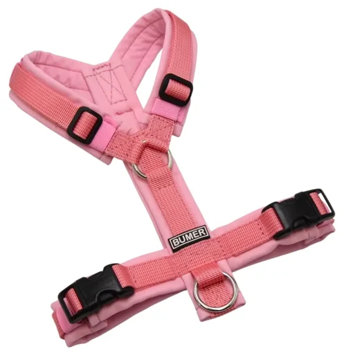 BUMER1000 Hundegeschirr, ungepolstert ohne geteilten Bruststeg, Zwischengröße XXS/XS, Gurtband PREMIUM Perlmutt Rosa, Softshell Magnolienrosa, Ringe silberfarbig (Edelstahl), Schnallen schwarz (DURAFLEX®)