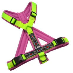 BUMER BOHO Hundegeschirr, gepolstert mit geteiltem Bruststeg, Größe S, Gurtband PREMIUM Neonlime, Softshell Kirschblüte, Ringe schwarz (Edelstahl), Schnallen DURAFLEX®
