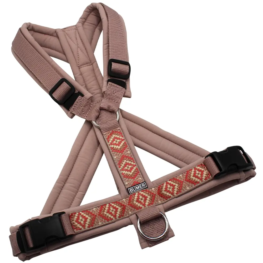 BUMER BOHO Hundegeschirr, gepolstert mit geteiltem Bruststeg, Zwischengröße M/L, Gurtband Schmutziges Rosa, Softshell Puderrosa, Ringe silberfarbig (Edelstahl), Schnallen DURAFLEX®