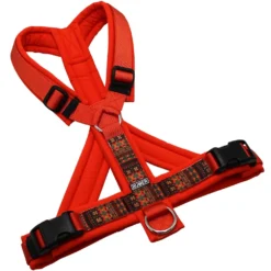 BUMER BOHO Hundegeschirr, gepolstert mit geteiltem Bruststeg, Zwischengröße M/L, Gurtband PREMIUM Scarlet Essence, Softshell Kürbisorange, Ringe silberfarbig (Edelstahl), Schnallen DURAFLEX®