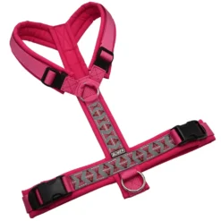 BUMER BOHO Hundegeschirr, gepolstert ohne geteilten Bruststeg, Größe L, Gurtband PREMIUM Himbeer Sorbet, Softshell Pink, Ringe silberfarbig (Edelstahl), Schnallen schwarz (DURAFLEX®)