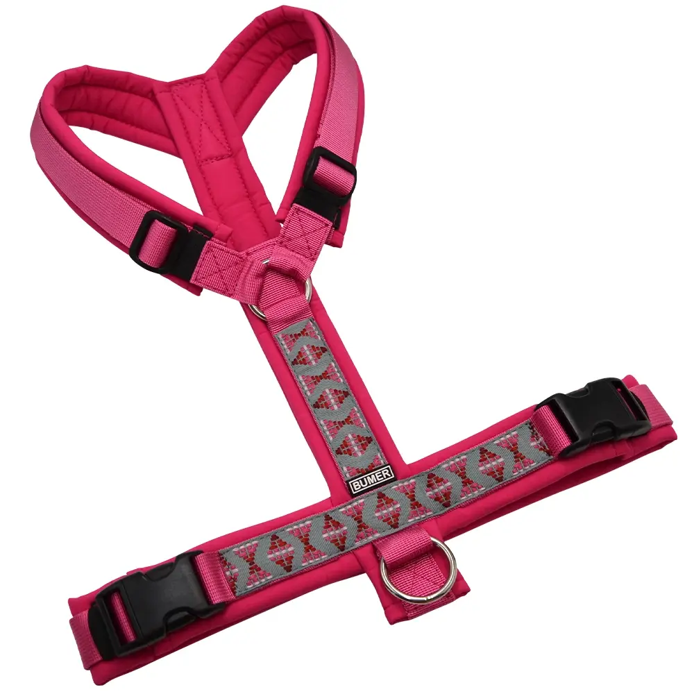 BUMER BOHO Hundegeschirr, gepolstert ohne geteilten Bruststeg, Größe L, Gurtband PREMIUM Himbeer Sorbet, Softshell Pink, Ringe silberfarbig (Edelstahl), Schnallen schwarz (DURAFLEX®)