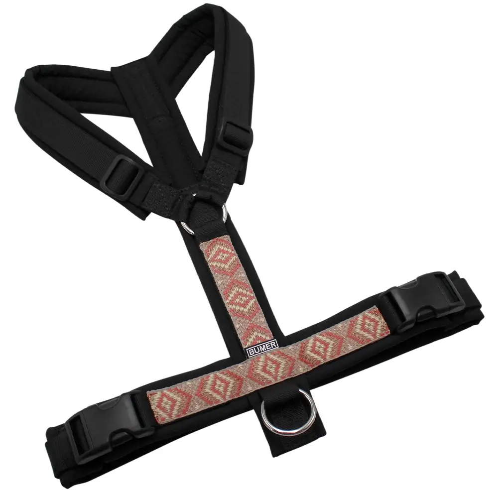 BUMER BOHO Hundegeschirr, gepolstert ohne geteilten Bruststeg, Größe L, Gurtband PREMIUM Pitch Black, Softshell Schwarz, Ringe silberfarbig (Edelstahl), Schnallen schwarz