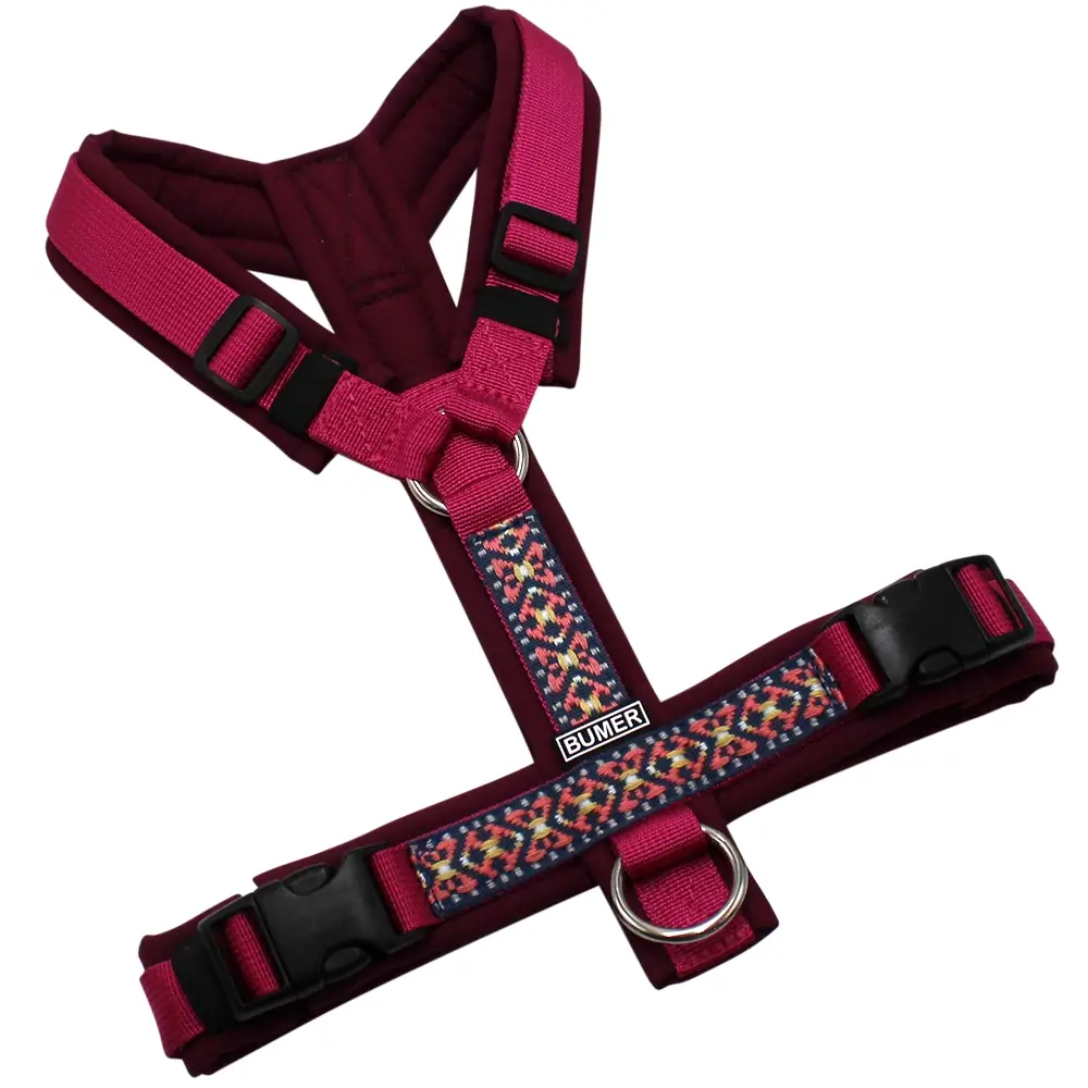 BUMER BOHO Hundegeschirr, gepolstert ohne geteilten Bruststeg, Größe S, Gurtband PREMIUM Fuchsia Flare, Softshell Rubintango, Ringe silberfarbig (Edelstahl), Schnallen schwarz (DURAFLEX®)