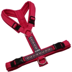 BUMER BOHO Hundegeschirr, gepolstert ohne geteilten Bruststeg, Größe S/M, Gurtband Himbeer, Softshell Pink, Ringe silberfarbig (Edelstahl), Schnallen schwarz (DURAFLEX®)