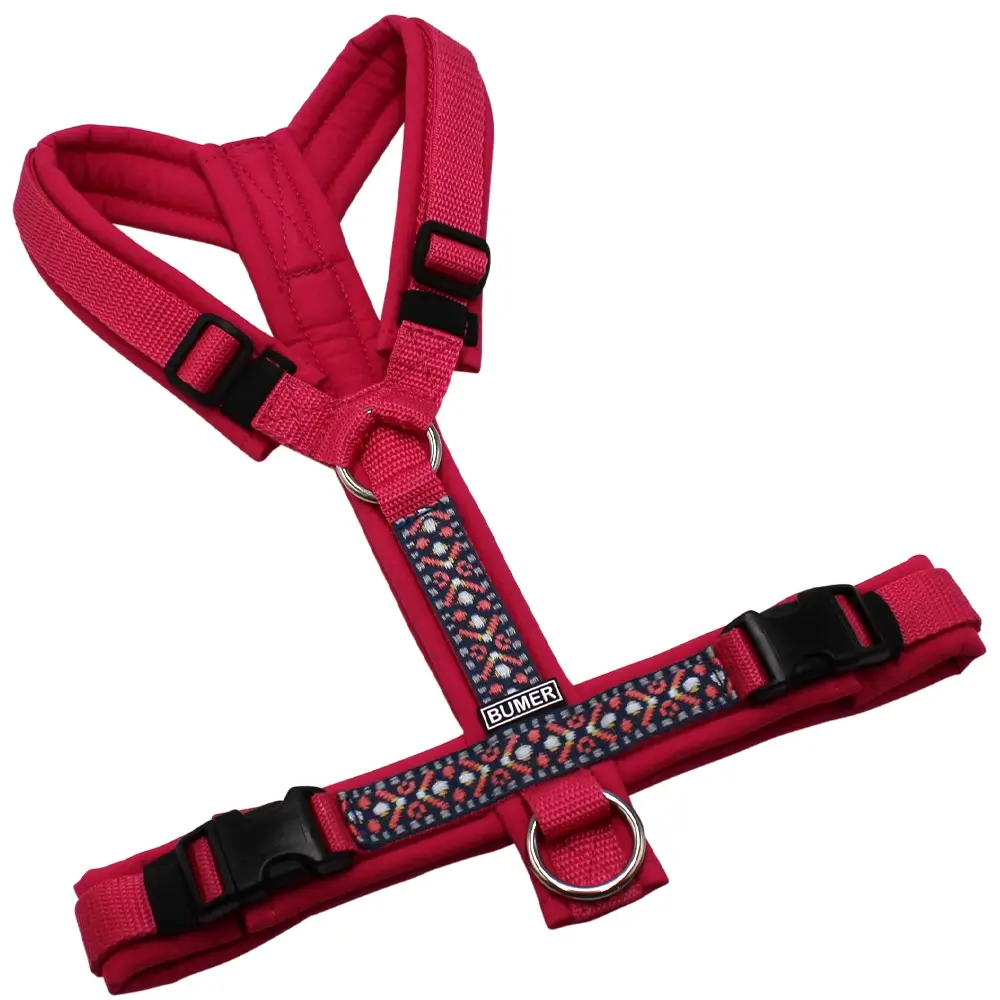 BUMER BOHO Hundegeschirr, gepolstert ohne geteilten Bruststeg, Größe S/M, Gurtband Himbeer, Softshell Pink, Ringe silberfarbig (Edelstahl), Schnallen schwarz (DURAFLEX®)