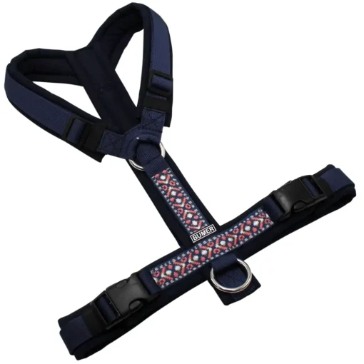 BUMER BOHO Hundegeschirr, gepolstert ohne geteilten Bruststeg, Größe S/M, Gurtband PREMIUM Midnight Indigo, Softshell Navy, Ringe silberfarbig (Edelstahl), Schnallen schwarz