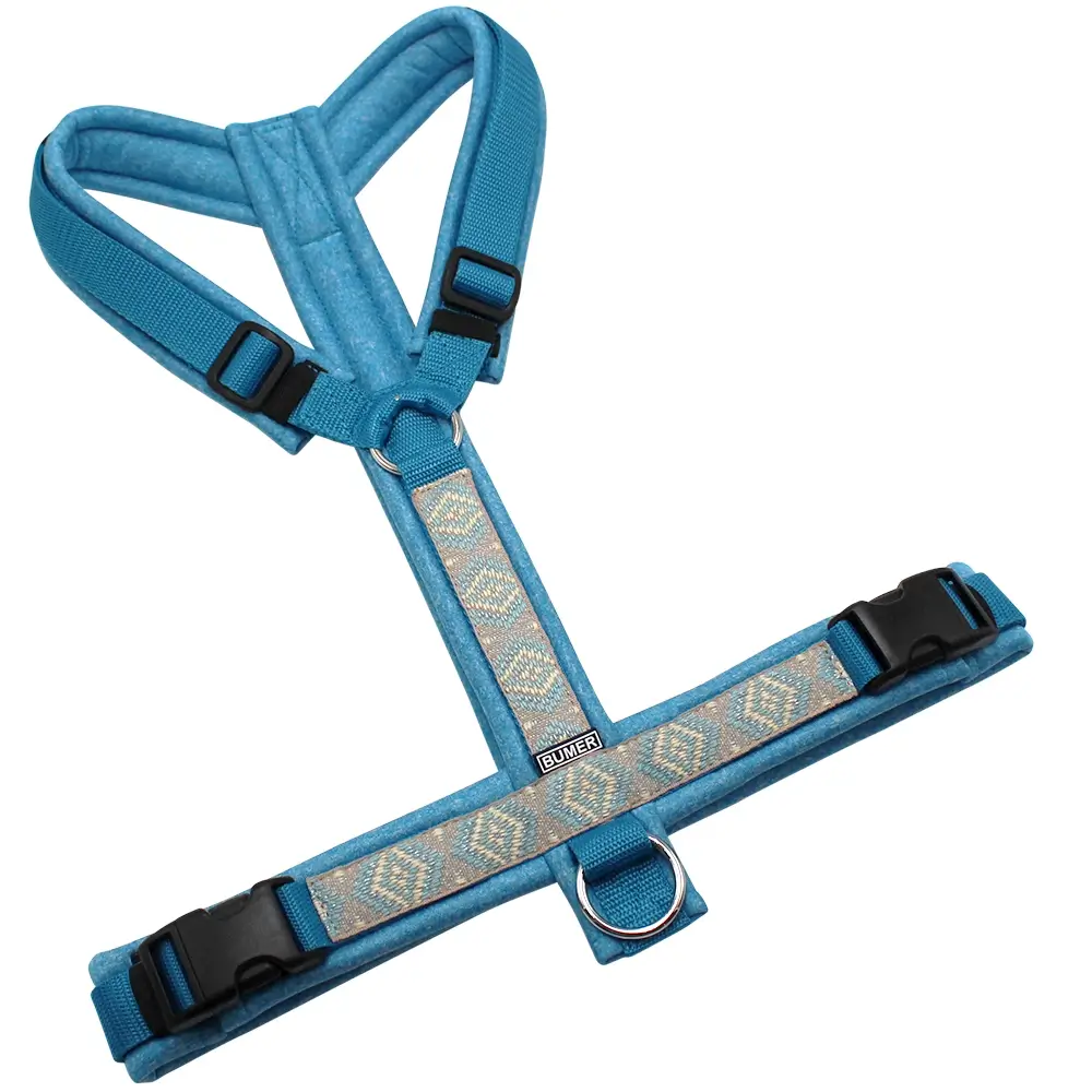BUMER BOHO Hundegeschirr, gepolstert ohne geteilten Bruststeg, Größe XL, Gurtband Petrol, Softshell Babyblau meliert, Ringe silberfarbig (Edelstahl), Schnallen schwarz (DURAFLEX®)