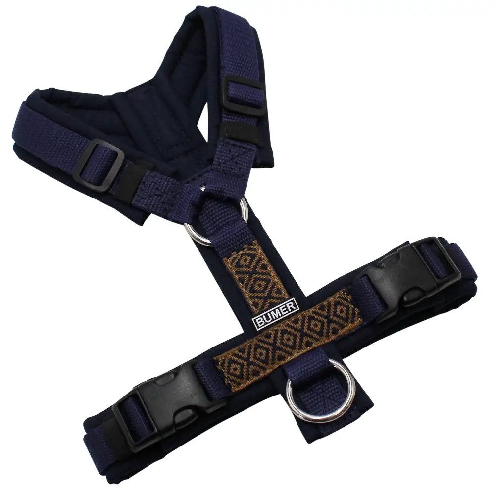 BUMER BOHO Hundegeschirr, gepolstert ohne geteilten Bruststeg, Größe XS, Gurtband Dunkelnavy, Softshell Navy, Ringe silberfarbig (Edelstahl), Schnallen schwarz