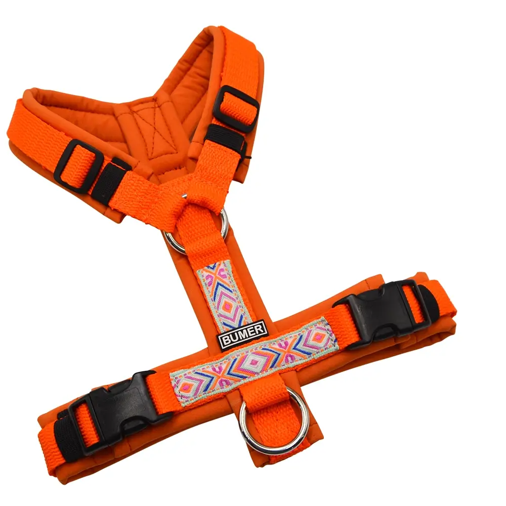 BUMER BOHO Hundegeschirr, gepolstert ohne geteilten Bruststeg, Größe XS, Gurtband PREMIUM X Safran Glut, Softshell Oxidrot Ringe silberfarbig (Edelstahl), Schnallen DURAFLEX®