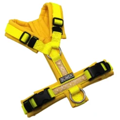 BUMER BOHO Hundegeschirr, gepolstert ohne geteilten Bruststeg, Größe XXS, Gurtband Neongelb, Softshell Sonnenblume, Ringe silberfarbig (Edelstahl), Schnallen schwarz (DURAFLEX®)