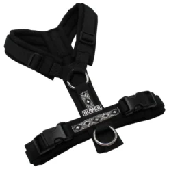 BUMER BOHO Hundegeschirr, gepolstert ohne geteilten Bruststeg, Größe XXS, Gurtband PREMIUM Pitch Black, Softshell Schwarz, Ringe silberfarbig (Edelstahl), Schnallen schwarz (DURAFLEX®)