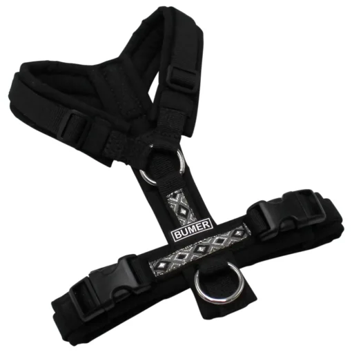 BUMER BOHO Hundegeschirr, gepolstert ohne geteilten Bruststeg, Größe XXS, Gurtband PREMIUM Pitch Black, Softshell Schwarz, Ringe silberfarbig (Edelstahl), Schnallen schwarz (DURAFLEX®)