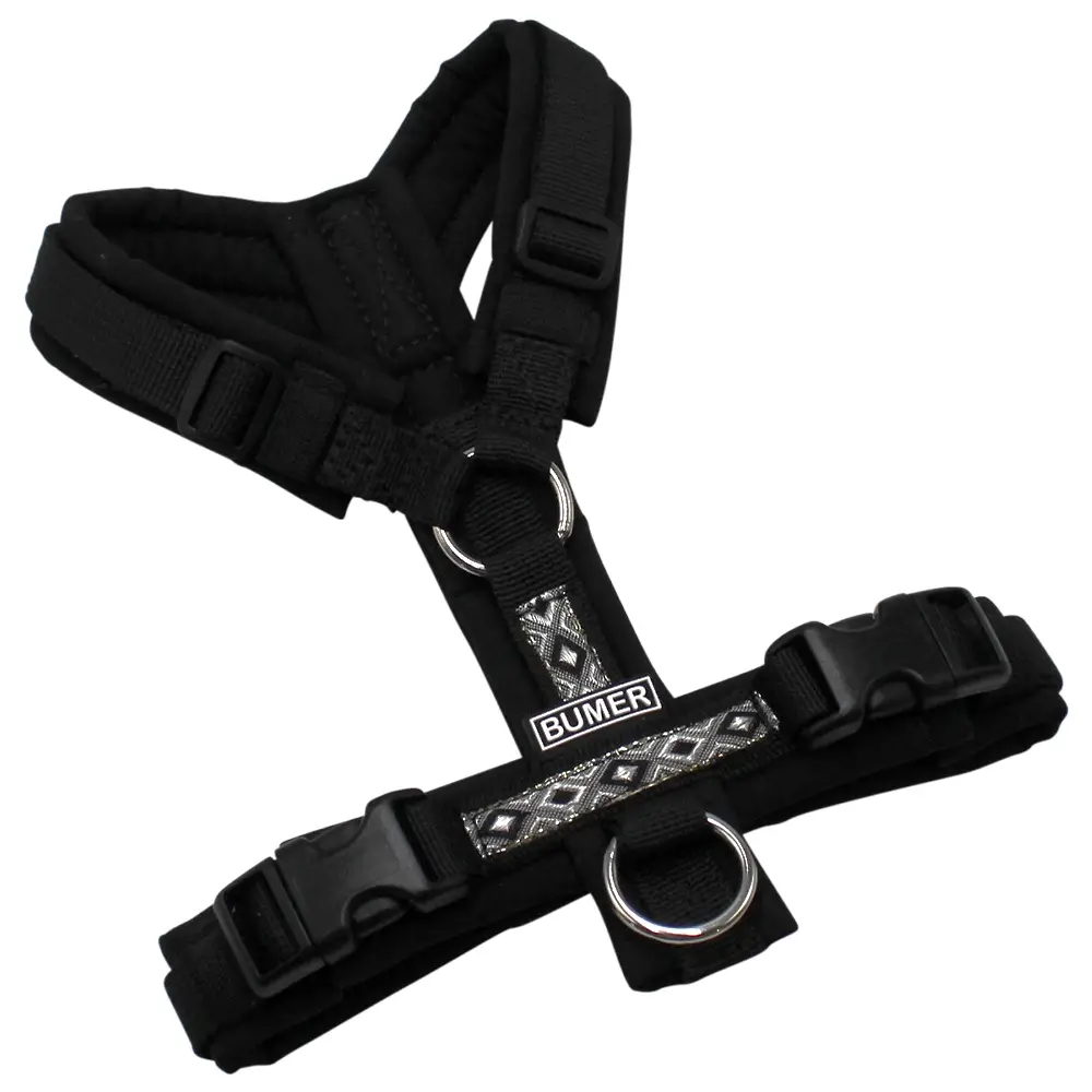 BUMER BOHO Hundegeschirr, gepolstert ohne geteilten Bruststeg, Größe XXS, Gurtband PREMIUM Pitch Black, Softshell Schwarz, Ringe silberfarbig (Edelstahl), Schnallen schwarz (DURAFLEX®)